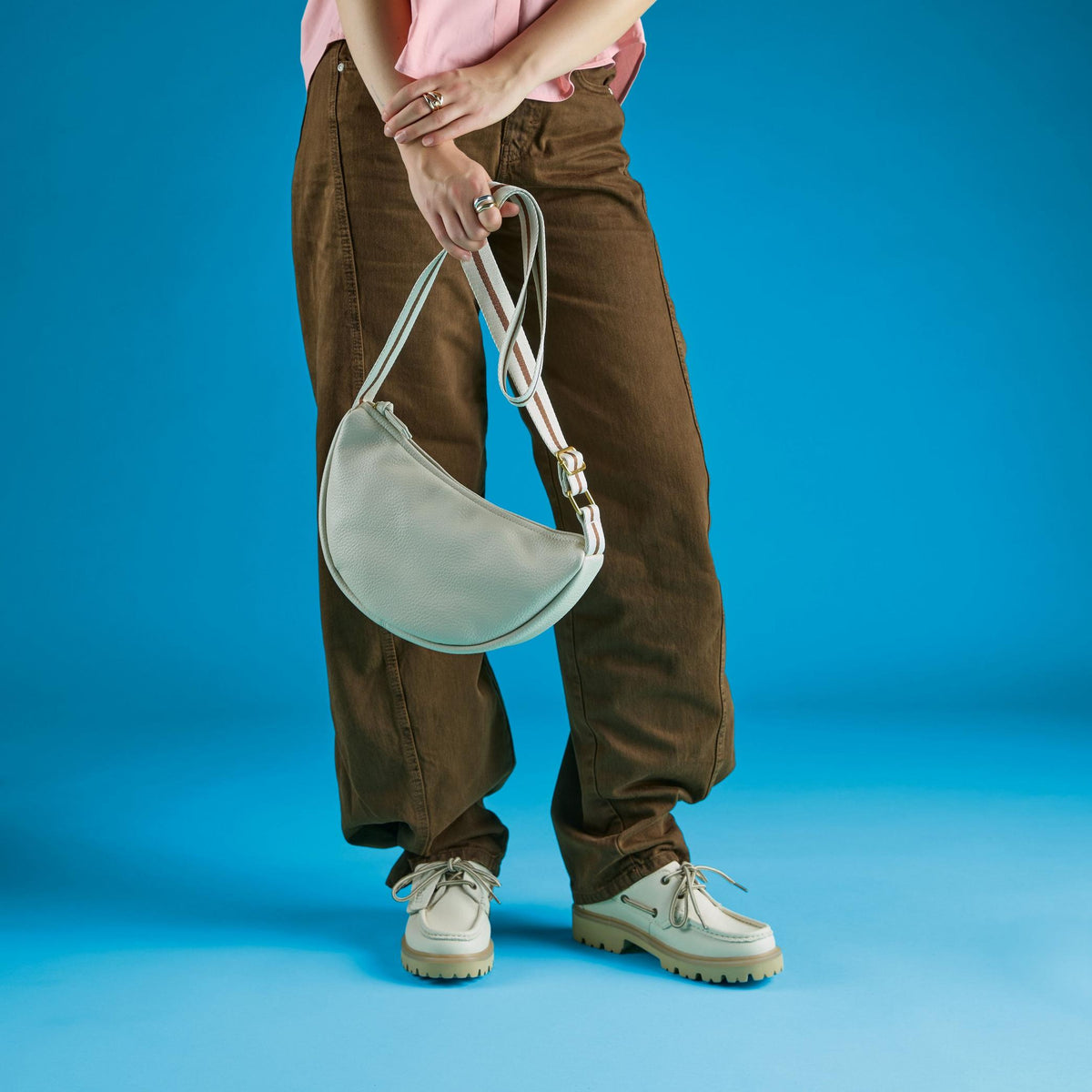 Leather Crescent Crossbody Bag Cream - US 8912